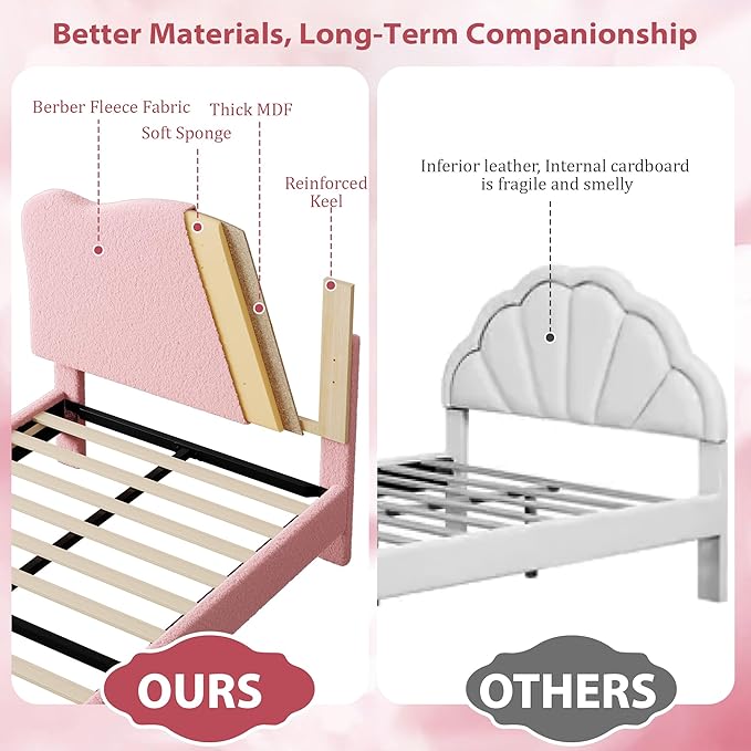GarveeHome Upholstered Twin XL Size Bed Frame for Kids with Scallop Headboard, Cute Velvet Twin XL Bed for Girls, Boys, Sturdy Platform Bed, No Box Spring Needed, Wooden Slats, Noise Free, Pink