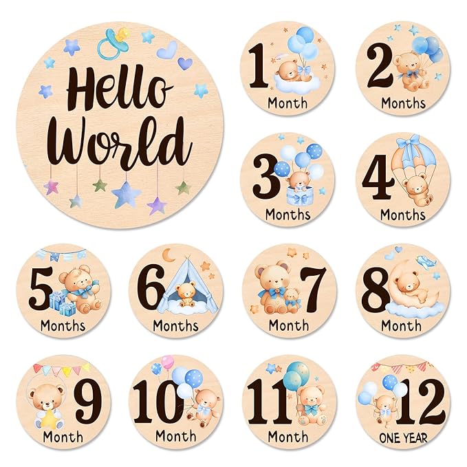 Baby Monthly Milestone Cards - 13 Double-Sided Wooden Milestone Signs Discs with Bear & Star Designs, Little Bears Birth Announcement Cards for Photo Props(0-12 Months), Newborn Sign Baby Shower/Gift