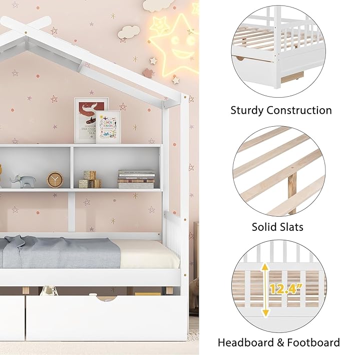 Bellemave Full Size House Bed with 2 Storage Drawers,Full Kids Bed with Storage Shelves,Wooden House Bed Frame for Girls,Boys,Can be Decorated,White