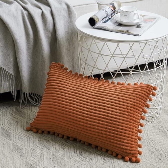 Fancy Homi 2 Pack Rust Lumbar Decorative Throw Pillow Covers 12x20 Inch with Pom-poms for Living Room Couch Bedroom, Soft Corduroy Solid Rectangle Cushion Case 30x50 cm, Rustic Farmhouse Home Decor