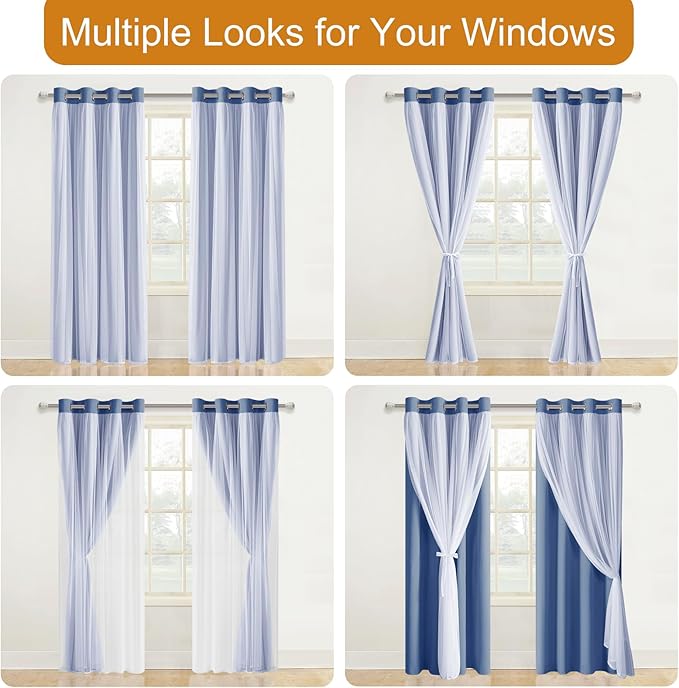 DWCN Blackout Curtains with Sheer Overlay Layered Curtains for Bedroom/Living/Dining Room Grommet Top Window Treatments with Tiebacks, 52 W by 63 L, Hazy Blue, 2 Pieces