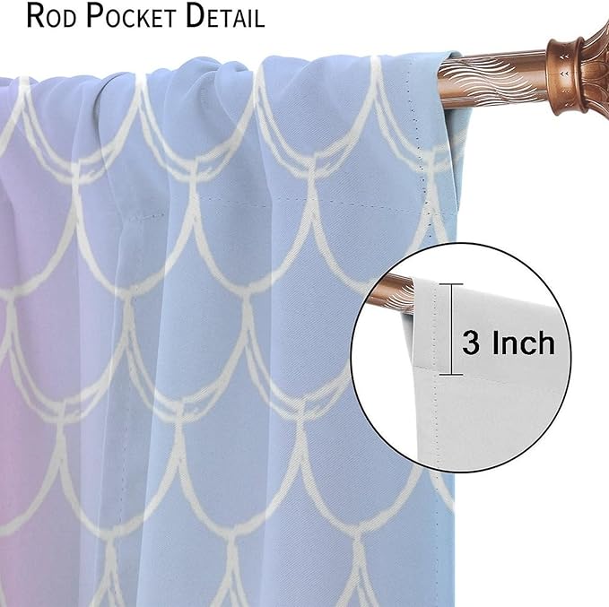 Fantasy Mermaid Curtain Rainbow Mermaid Scales Purple Pink Blue Ocean Theme Dream Blackout Window Treatment for Kids Boys Girls Bedroom Nursery Room Decor Rod Pocket Window Drapes 55x63in