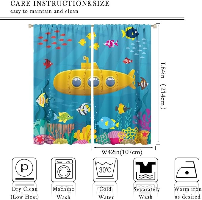 Boy Window Curtains Submarine Window Drapes Yacht Window Treatments Underwater World Oasis Thermal Drapes for Kids Girls Toddler Teens Room Dorm Decor Set 2 Panels,84x84 Inches, Style-1