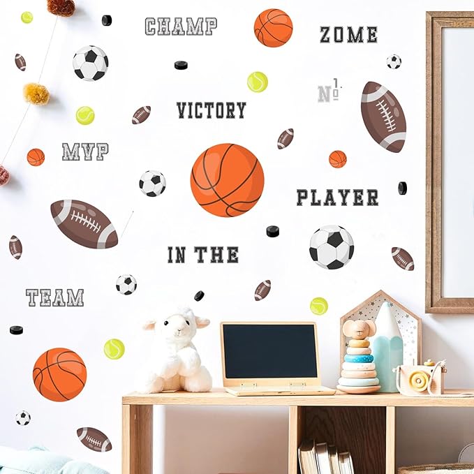 Sports Wall Decals, Basketball and Football Wall Stickers, Peel and Stick Removable DIY Inspirational Wall Decor for Boys Bedroom Classroom Kid's Nursery Room Playground
