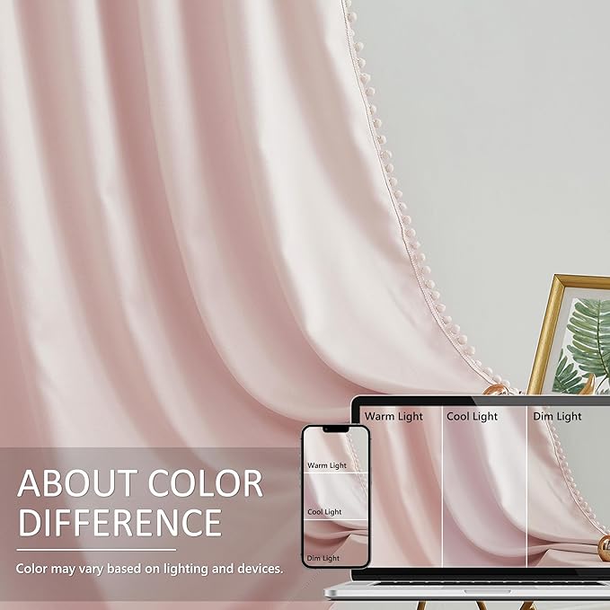 Treatmentex Pompom Blackout Curtains for Bedroom Pink Girls 90 inch Energy Efficient Thermal Insulated Living Room Darkening Curtain Panels for Kitchen Nursery Room 52" w x2 Panels Rod Pocket