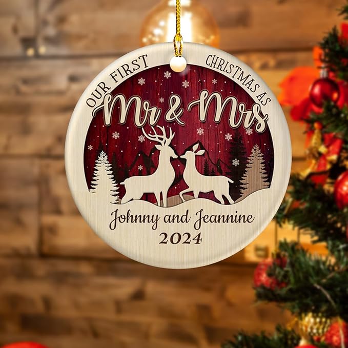 wowcugi Personalized First Christmas As Mr and Mrs Ornament Personalized Reindeer Couple Ceramic Ornaments Engagement Ornament Wedding Keepsake Gifts for Newlywed Xmas Tree Decorations