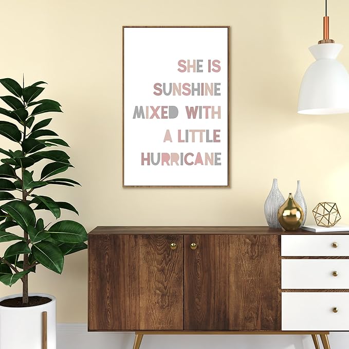 PHAMTE Girls Bedroom Wall Art Framed,She is Sunshine Mixed with a Little Hurricane Girly Room Wall Art Decor, Sunshine Boho Print Framed Canvas Painting Dorm Bedroom Nursery Playroom Decor 16x24in