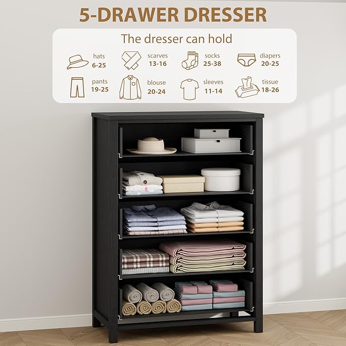 IDEALHOUSE Dresser for Bedroom with 5 Drawers, 45'' Tall Chest of Large Drawers with Large Clothes Storage Cabinet, Wood Bedroom Dresser, TV Stand for Nursery, Living Room, Enterway, Black