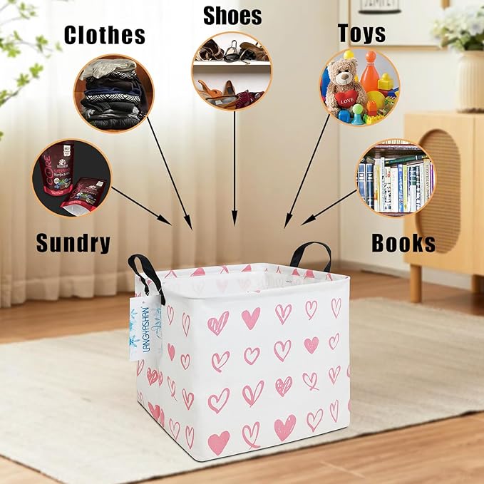 LANGYASHAN Square Storage Baskets Waterproof Canvas Children Laundry Nursery Hamper for Shelves Gift Baskets Toy Organizer Room Decor (Square Pink Heart)