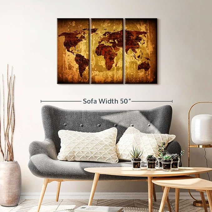 ElephantStock Vintage World Map Wall Art Multi Piece Canvas - 3 Piece Canvas World Map Wall Decor - Wall Decor - Ready-to-Hang Print - Vintage Wall Art - 38" X 24"