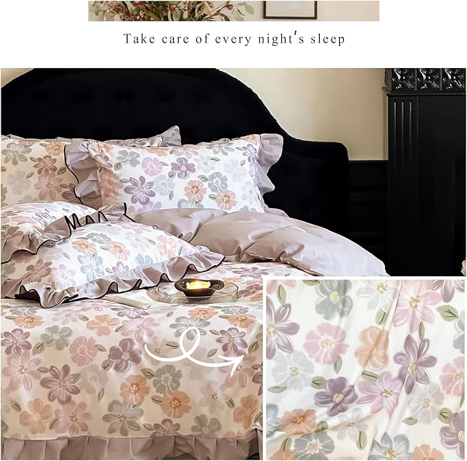 HighBuy Purple Floral Duvet Cover Twin XL Ruffle Lace Design,Premium Brushed Cotton Coquette Rose Floral Comforter Cover Set for College,Farmhouse Bedding Set with 2 Pillowcases