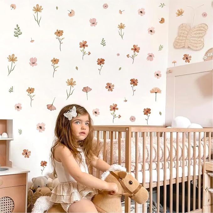 Small Flower Wall Stickers Boho Floral Wall Decals Watercolor Wildflower Decals Cute Flowers Stickers Removable Retro Floral Decal for Nursery Girls Bedroom Decor