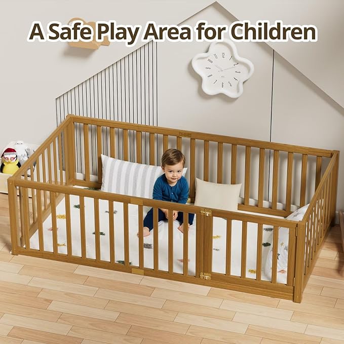 LLS Twin Size Floor Bed with 21.6" High Fence for Kids Boys Girls, Solid Wood Multifunctional Montessori Bed Frame with Door, Without Slats, Light Espresso