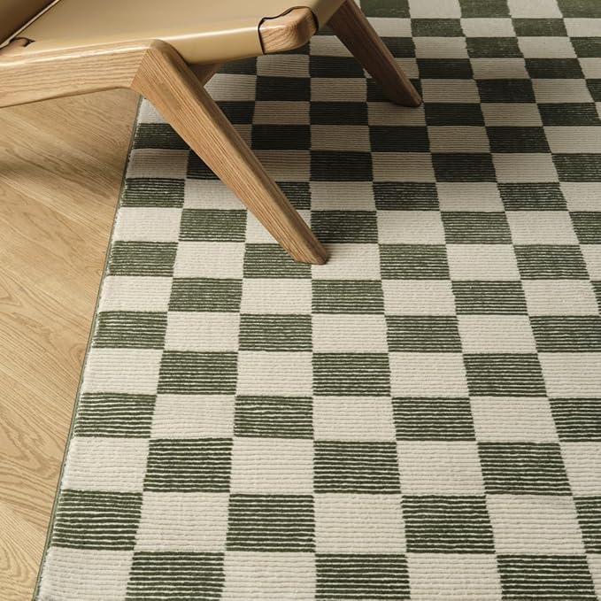 Revival Rugs Gambit 2'7"x9' Checkered Rug Machine Washable Runner Rug for Hallway Entryway - 100% Recycled Oeko-TEX Certified, Medium Pile, Green, Beige