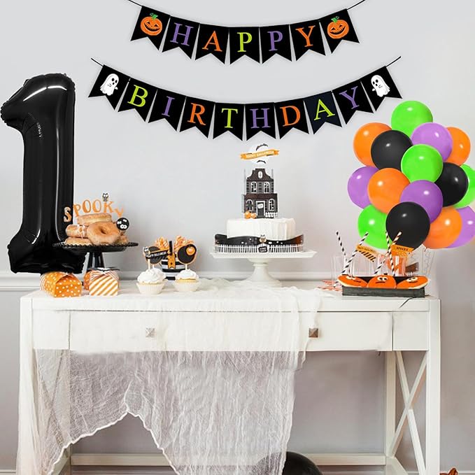 Halloween Decorations for Boys/Girls - Black, Orange, Purple, Green Balloons (40" & 1" Sizes) with Spooky Birthday Banner