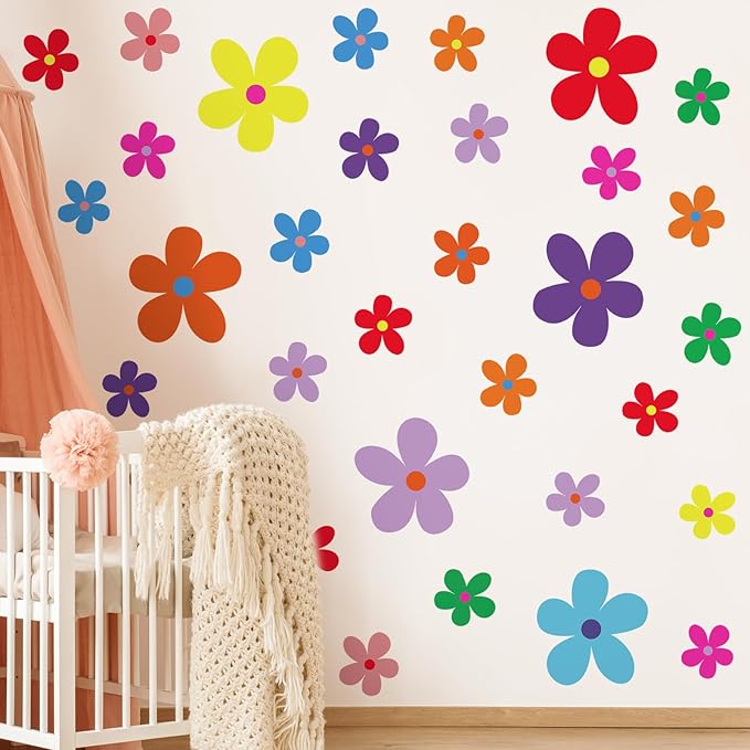 TaoBary 12 Sheets Daisy Wall Decal Flower Wall Sticker Cute Daisy Sticker Pink White Flower Decal Peel and Stick Floral Wallpaper for Nursery Bedroom Home Decor(Vivid Color,Exquisite Style)