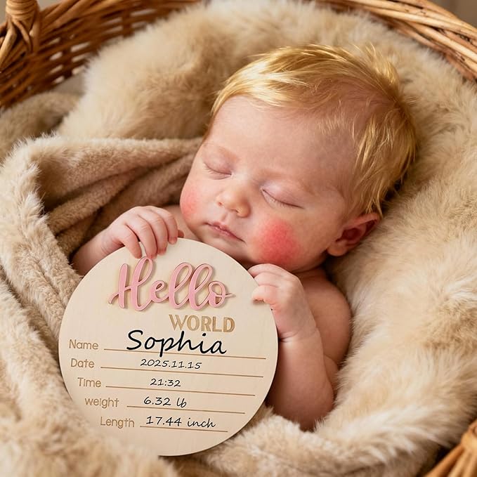 Baby Announcement Sign with Pen, 5.9 Inch Wooden Hello World Newborn Sign for Hospital, 3D Birth Announcement Board, Welcome Baby Name Signs for Nursery, Newborn Gift for Boy & Girl,Pink