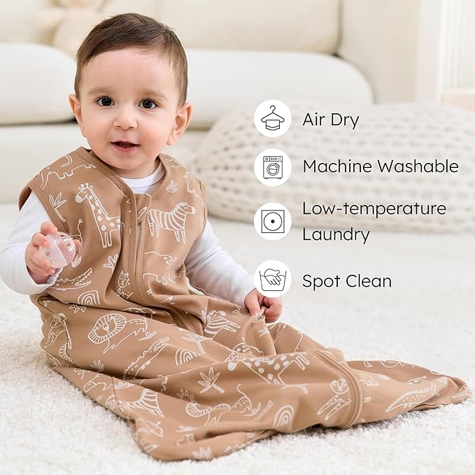 Baby Sleep Sack 12-18 months, 100% Cotton Sleeping Sack for Newborn and Infant, 3 Pack Baby Wearable Blanket for Boy and Girl, 0.5 Tog Lightweight Double Zipper Sleep Bag Green Brown Giraffe