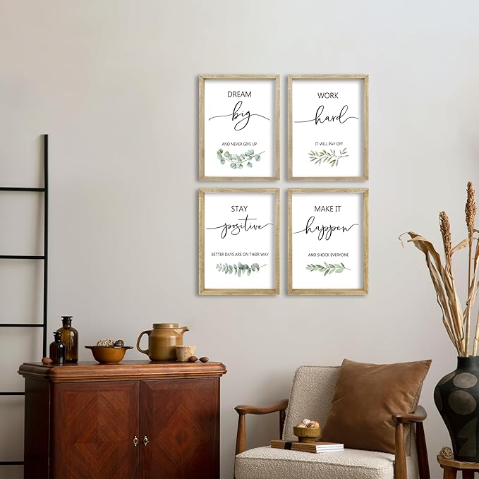 Set of 4 Inspirational Quotes Wall Art 16x11 Inch Encouraging Office Wooden Framed Positive Affirmations Home Family Decor Sign Motivational Plaque Wall Hanging Decoration (Wood)