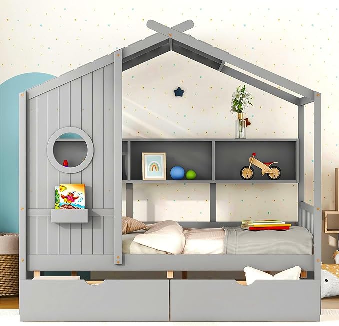 Modern Full Size House Bed with Roof and Window, Wooden Daybed Frame with Shelves and 2 Drawers,Bedroom Furniture for Girls & Boys (Gray+2 Drawers*)