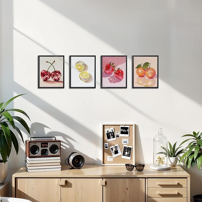 OFJE Funky Trendy Disco Fruit Cherries Lemon Orange Strawberries Wall Art Decor Prints Set of 4, Preppy Aesthetic Fruit Poster Print for Living Room Girls Bedroom Kitchen Decor, 8x10 Unframed