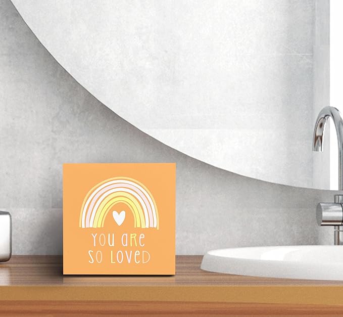 SRADMO You Are So Loved Rainbow Heart Wood Box Sign Desk Decor, Orange Kids Inspirational Quotes Wooden Block Box Sign Decoration for Kids Room Nursery Playroom Shelf Table Decorative Accessories