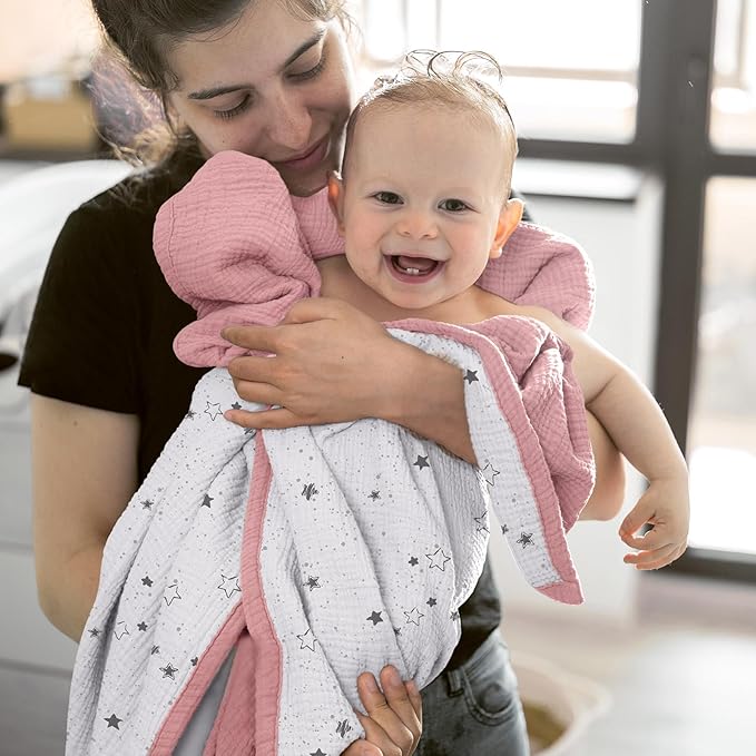 lulumoon Muslin Baby Blanket - Cotton Quilt Blankets for Toddlers - Reversible Nursery Crib Blanket for Baby Boys and Girls 47"x47"(Pink Star)
