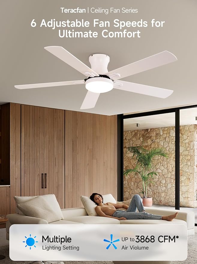 52 Inch Ceiling Fans with Lights, RGB Ceiling Fan with Remote and App,Flush Mount Low Profile, Dimmable 35W LED, Reversible, Smart Ceiling Fan for Bedroom Nursery Living Room Apartment,White
