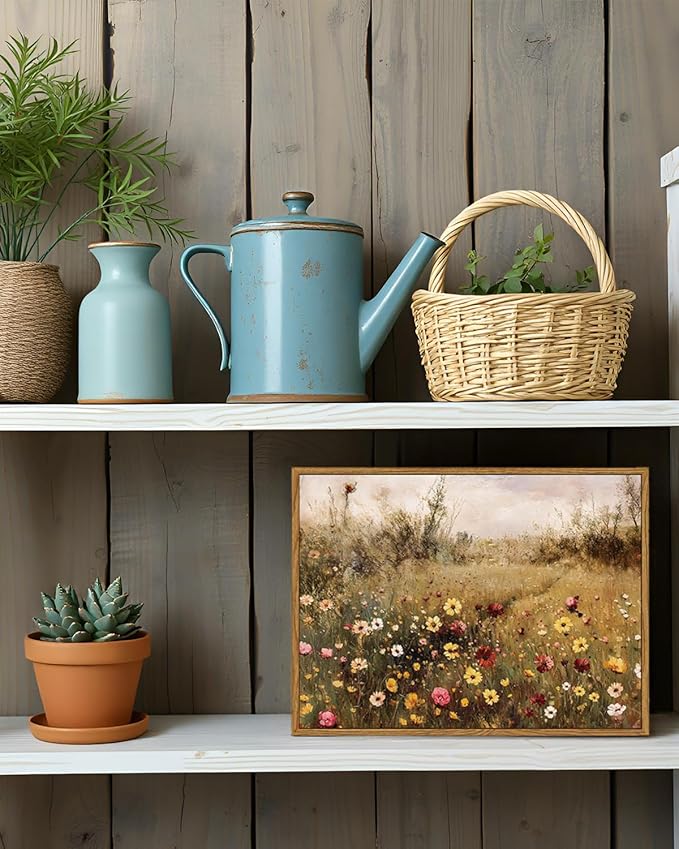 ARPEOTCY Vintage Framed Canvas Wall Art, 12x16inch, Meadow with Flowers Landscape Paintings, Classical Wildflower Field Scene Prints Decor, Hanging Wall Decor for Living Room Bedroom Office