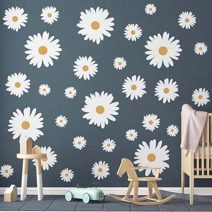 TaoBary 12 Sheets Daisy Wall Decal Flower Wall Sticker Cute Daisy Sticker Pink White Flower Decal Peel and Stick Floral Wallpaper for Nursery Bedroom Home Decor(White, Yellow,Multi Petal Style)
