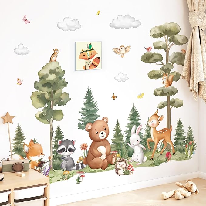 decalmile Large Woodland Animals Pine Tree Wall Decals Forest Animals Bear Deer Fox Wall Stickers Living Room Baby Nursery Kids Room Wall Decor(XL)