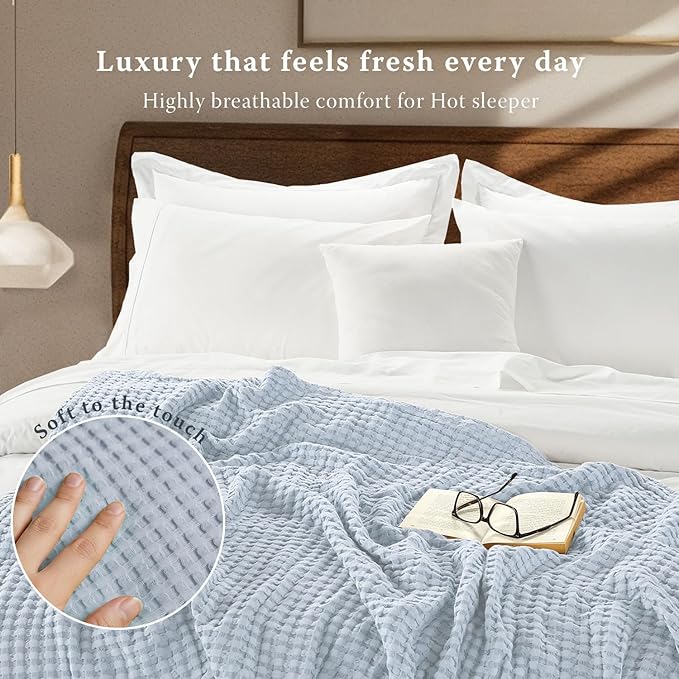 Threadmill Cooling Blanket Twin Size Waffle Weave| Breathable, Lightweight & Ultra-Soft | Made from Rayon Derived from Bamboo | Waffle Throw for Couch and Sofa | 68 x 92 Inches | Light Blue