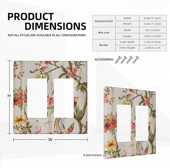 Flowers Bird Tree Retro Spring Floral Branch 2 Gang Double Rocker/Decora Light Switch Cover Decorative Wallplate Oriental Chinese Landscape Drawn Gfci Electrical Faceplate Home Bedroom Art Decor