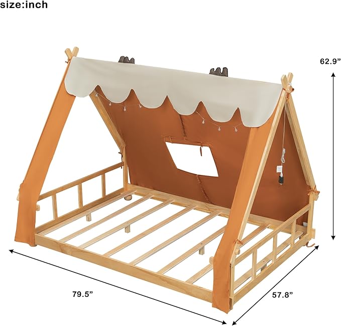 Full Size House Bed for Kids with Light and Tent, Montessori Floor Bed Full for Kids Girls Boys Teens Bedroom, Brown