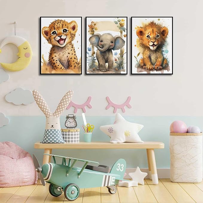 3Pcs Baby Safari Animal Wall Art Jungle Watercolor Animal Wall Decor Picture Painting Nursery Poster Prints Artwork for Boy Girl Room Home Decoration Unframed 16x24 In