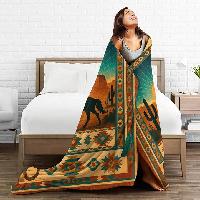 Western Cowboy Blanket Southwest Cowboy Horse Tropical Cactus Mexican Throw Blanket Soft Cozy Fleece Fuzzy Plush Warm Stuff Bedding Blankets Gifts for Boys Girls Kids Adult Men Women 40"X50"
