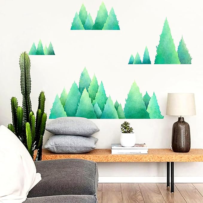 Watercolor Pine Tree Wall Decals Large Tree Wall Decal Sticker Green Tree Branches Wall Decals Evergreen Tree Wall Stickers Forest Decor Woodland Pine Tree Wall Stickers for Nursery Bedroom