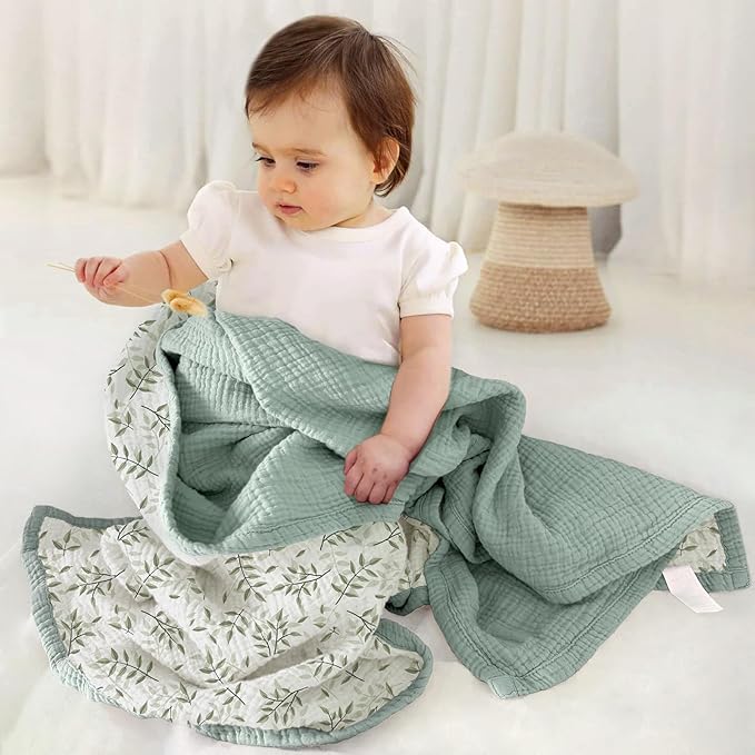 lulumoon Baby Muslin Blanket Neutral: Skin-Friendly Leaf Toddler Blanket - Ideal for Stroller 47"× 47" (Green Branches)