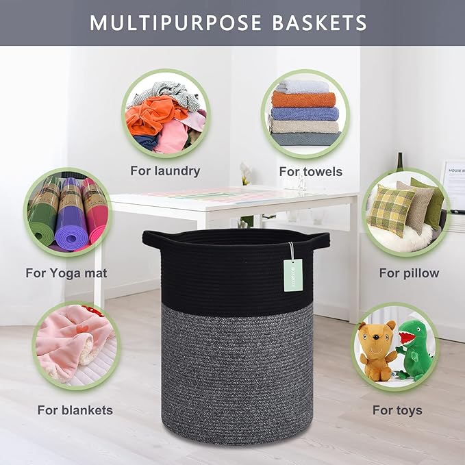 BOSROTY Large Laundry Hamper for Girls Boys Kids 72L, Nursery Hamper, Tall Laundry Basket, Cotton Rope Woven Blanket Basket for Storage Toys Clothes Towels, 16”x 22”, Black & Gray