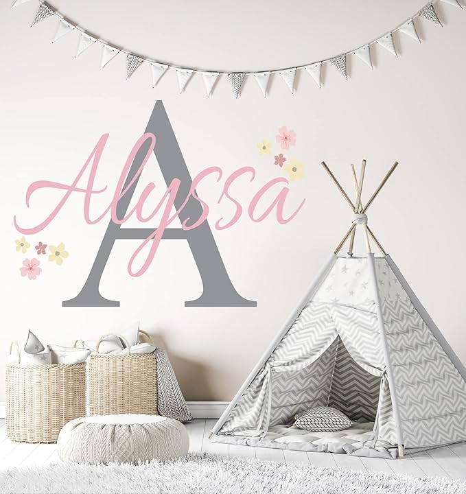 Custom Name and Initial Flower Wall Decals - Personalized Nursery Name Sticker for Girls - Vinyl Wall Art for Baby Room - Flowers Name Stickers Decor - Flower Mural Sticker for Girls Bedroom