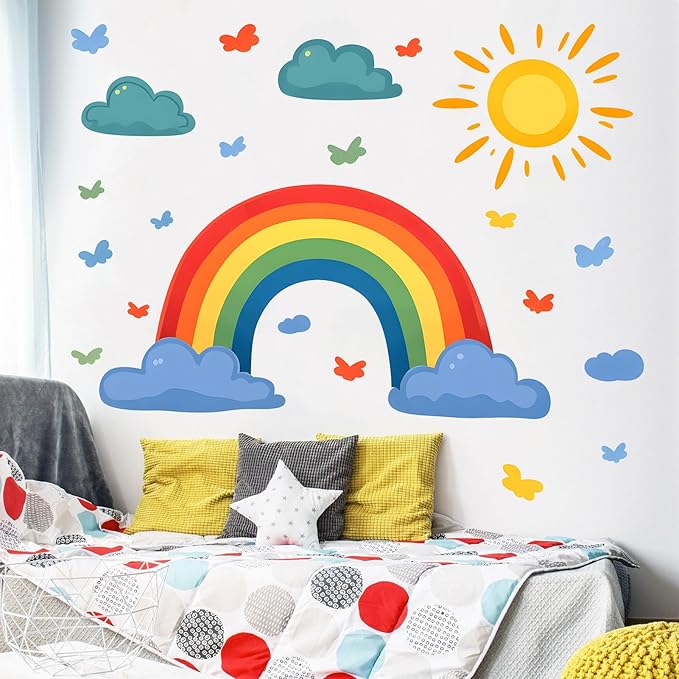 Rainbow Wall Decals Watercolor Sun Cloud Wall Stickers for Kids Room, Cute Cloudy Rainbow Wall Decor Butterfly Sun Decorations Peel and Stick Removable Decals for Girls Room Nursery