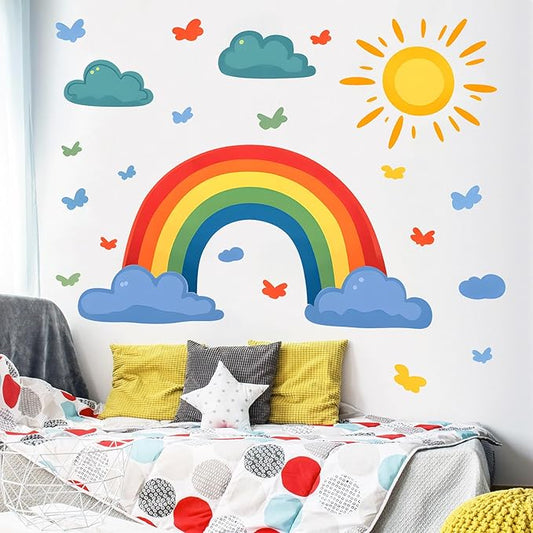 Rainbow Wall Decals Watercolor Sun Cloud Wall Stickers for Kids Room, Cute Cloudy Rainbow Wall Decor Butterfly Sun Decorations Peel and Stick Removable Decals for Girls Room Nursery