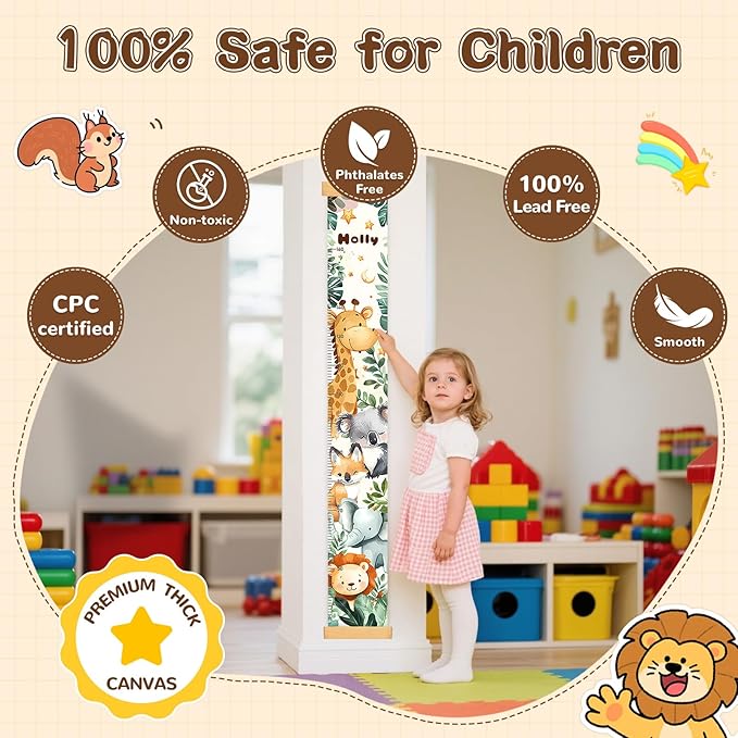 Personalized Name Kids Height Wall Chart,Animals Canvas Height Chart for Kids, Growth Chart for Wall Baby Room Nursery,Toddler Height Wall Chart Hanging Rulers for Children Bedroom Playroom Wall Decor