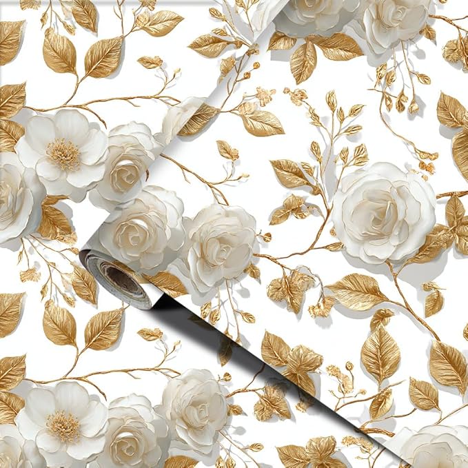 Gold Leaf Flower PVC Wallpaper Sticker 39.37x15.75 Inch White Blossom and Branch Pattern Self Adhesive Decorative Wall Decal for Living Room Bedroom Luxury Home Decor