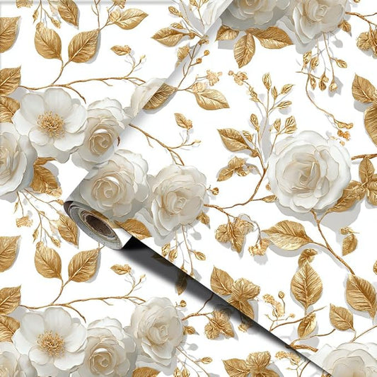 Gold Leaf Flower PVC Wallpaper Sticker 39.37x15.75 Inch White Blossom and Branch Pattern Self Adhesive Decorative Wall Decal for Living Room Bedroom Luxury Home Decor