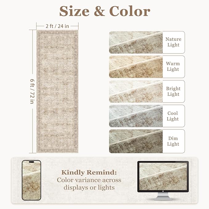 Beige Neutral 2x6 Runner Rug for Hallways Entryway, Vintage Earth Tone Kitchen Bathroom Runner 6ft, Non Slip Washable Low Pile Thin Carpet Runner for Mudroom/Laundry Room/Bedroom Bedside