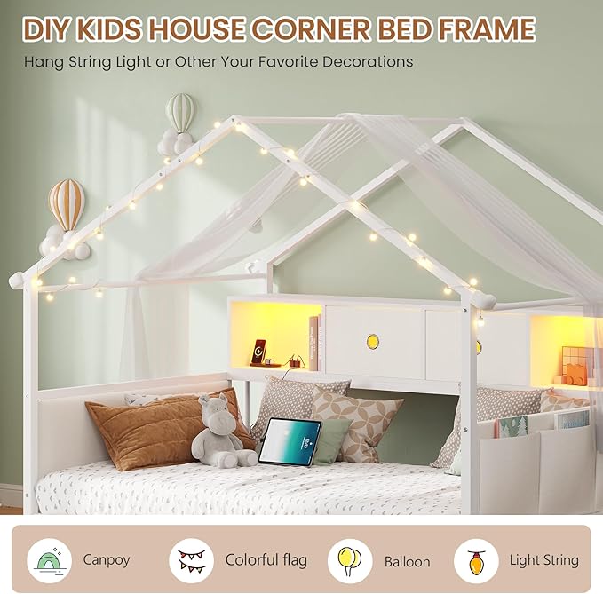DICTAC Twin Corner Bed Frame with Storage Bookcase,Charging Station and Upholstered Headboard House Shaped Twin Size Bed Frame with 2 Storage Drawers,RGB LED and Globe Lights,Kid twin House Beds,White