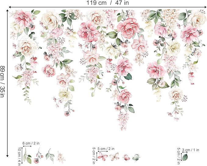 wondever Large Pink Flowers Wall Stickers Hanging Vine Floral Leaves Peel and Stick Wall Art Decals for Baby Nursery Girls Bedroom Living Room