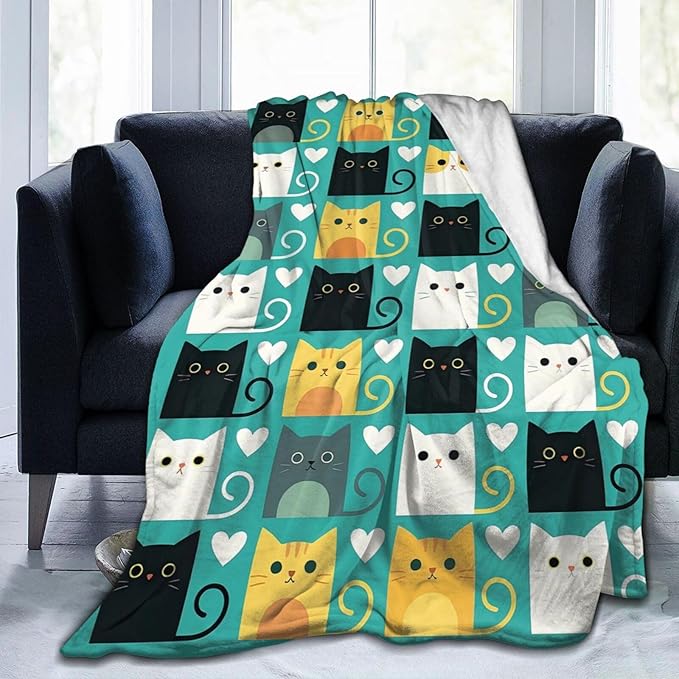 Cute Cat Throw Blanket Lovely Kitten Pattern Fleece Blanket Soft Cozy Fuzzy Plush Warm Stuff Bedding Blankets Gifts for Kids Toddler Cat Lover Boys Girls Kids Adult Men Women 60"X80"