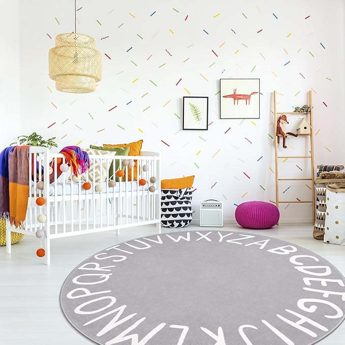 LIVEBOX ABC Kids Round Play Room Rug for Classroom, Large Washable Rug for Nursery, Non-Slip Toddler Rug for Boys and Girls, Soft Circle Carpet Learning Crawling Mat for Playroom Dorm(71",Grey)